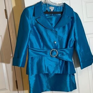 Blue Satin Blazer with Belt Detail and matching skirt